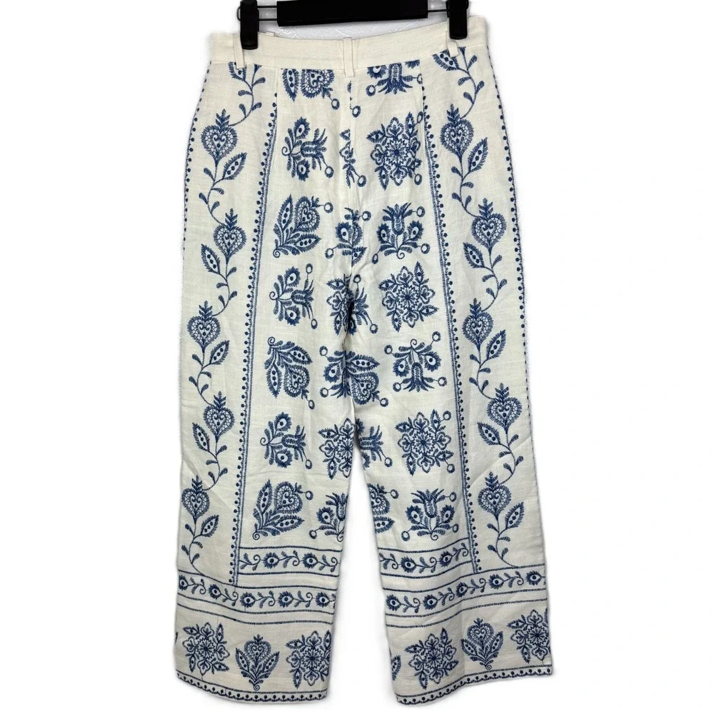 Zara Linen Embroidered Culottes Wide Leg Ankle Pants Ecru Cream Blue XS